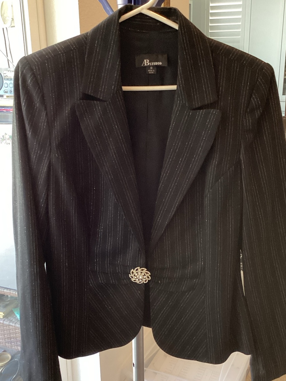 AB Studio Black Pinstripe Blazer with Decorative Button